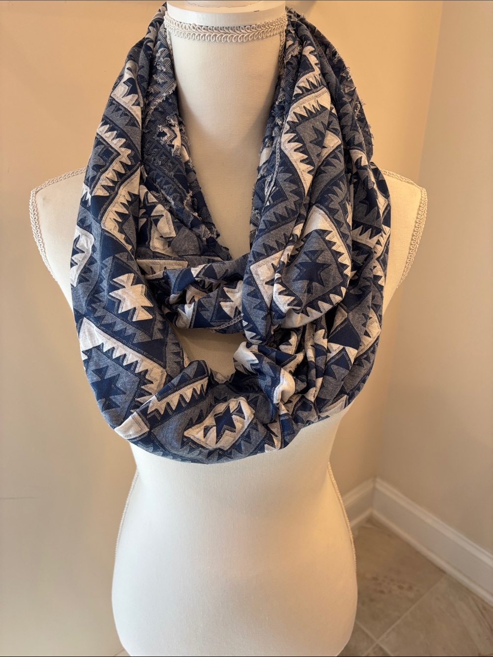 Chico’s Blue & White Geometric Infinity Scarf